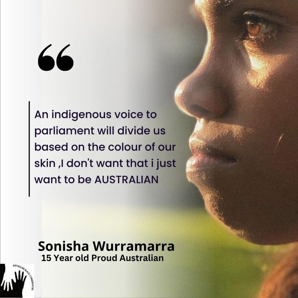 Aboriginal people do not want to be divided by race. Say no to racism. Say no to the Voice.