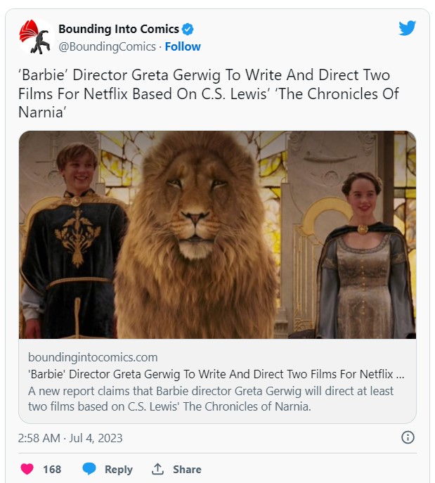 Barbie director to head new Narnia movies. Why?